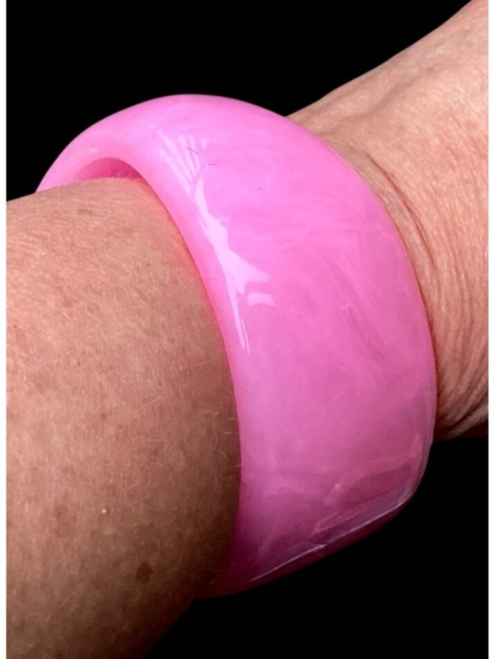 Wide Asymmetric Lucite Bangle Bracelet in Subtly Marbled Translucent Pink Barbie